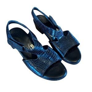 SAS Womens 9 Black Crocodile Embossed Slingback Wedge Sandals TRIPAD Comfort